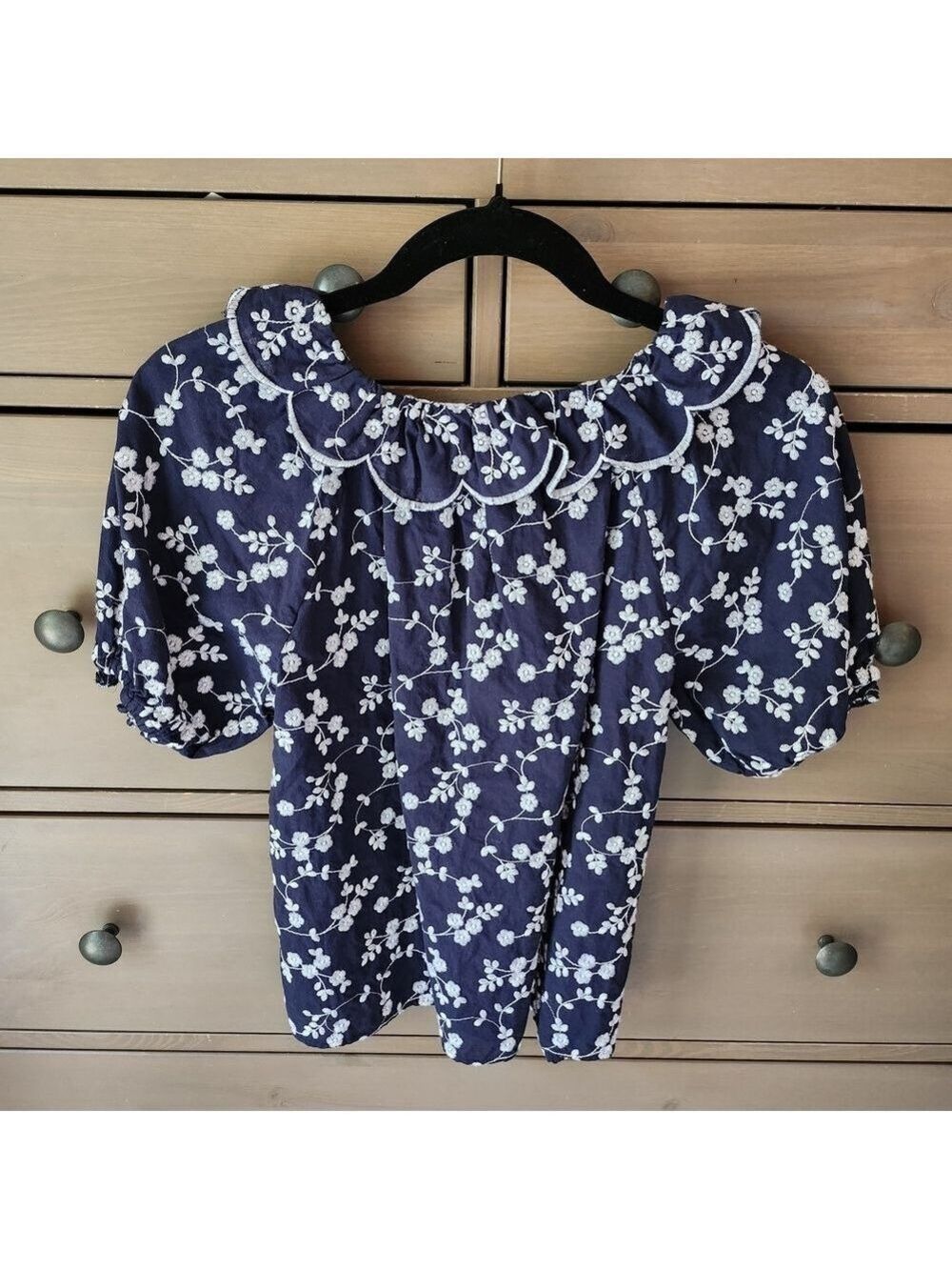 Ann Taylor Navy Blue Blouse with White Embroidered  Floral Design